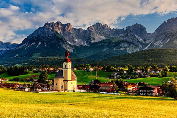 View of the town and church of Kitzbuhel in Austria